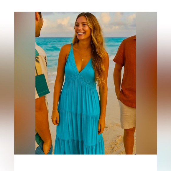 NWT Bright Blue Cupshe Boho Peasant Beach Maxi Dress – Size Large - Picture 1 of 5